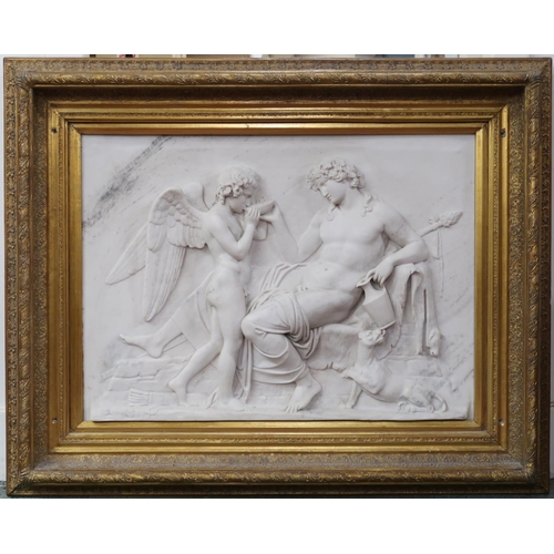 95 - A pair of 20th century gilt framed stoneware cast reliefs depicting classical scenes, 78cm high x 96... 