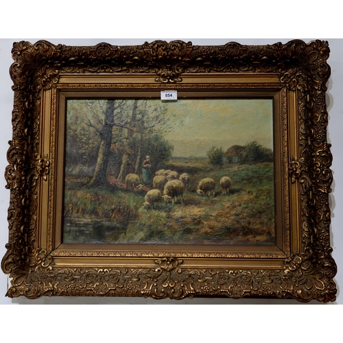 854 - DUTCH SCHOOL Shepherdess and flock of sheep, signed, oil on canvas, 35 x 49cm and another (2)... 