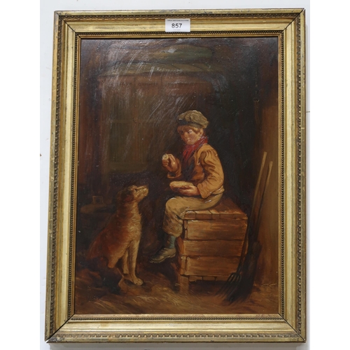 857 - BRITISH SCHOOL Boy feeding his dog, oil on metal,42 x 30cm