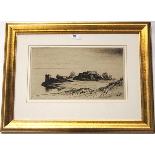 858 - SIR DAVID YOUNG CAMERON Castle Urquhart, signed, etching, 24 x 43cm