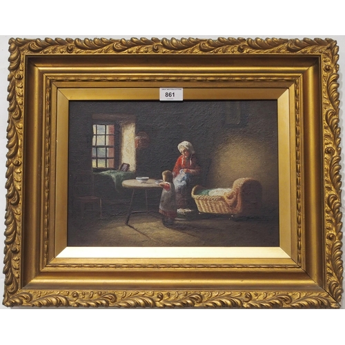 861 - B DAVIS Cottage interior with mother and child, signed, oil on canvas, 24 x 34cm... 