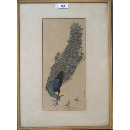 868 - JAPANESE SCHOOL Peacock, print, 37 x 17cm