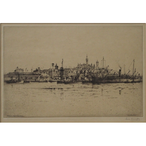 877 - JAMES MACINTYRE Entrance to Queens Dock, Glasgow, signed, etching, 22 x 31cm and three other et... 