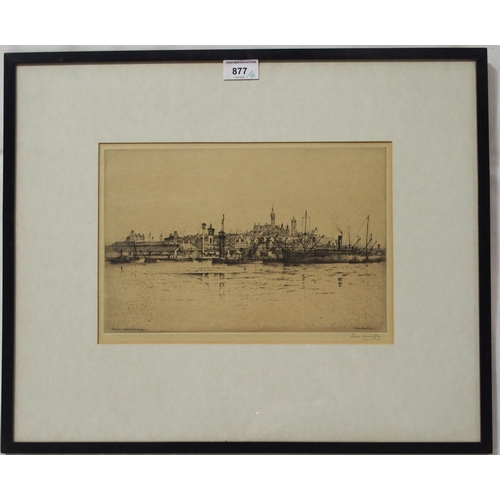 877 - JAMES MACINTYRE Entrance to Queens Dock, Glasgow, signed, etching, 22 x 31cm and three other et... 