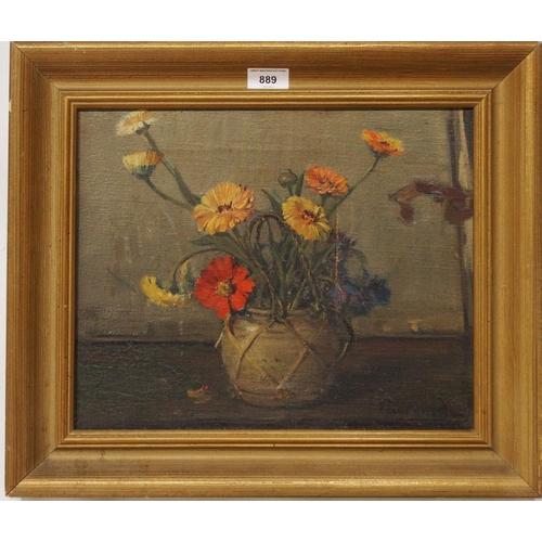 889 - 20TH CENTURY SCHOOL Still life, signed, oil on canvas, 31 x 39cm