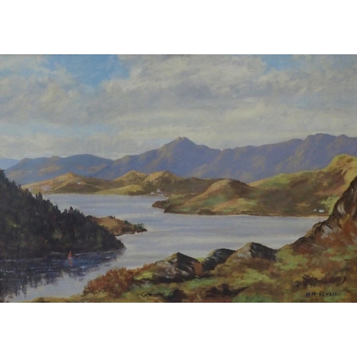 891 - H MCKENZIE Loch scene, signed, oil on board, 39 x 55cm ,still life, oil on board and two prints... 