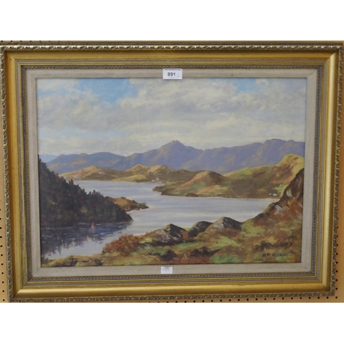 891 - H MCKENZIE Loch scene, signed, oil on board, 39 x 55cm ,still life, oil on board and two prints... 