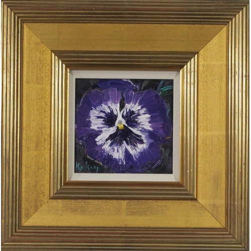 912 - ROBERT KELSEY PAI FRSA (SCOTTISH b.1949) PANSY STUDY IN PURPLE Oil on board, signed lower ... 