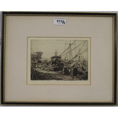 913 - ERNEST BURNET HOOD (SCOTTISH 1932-1988) BOWLING HARBOUR Etching, signed lower right, numbe... 