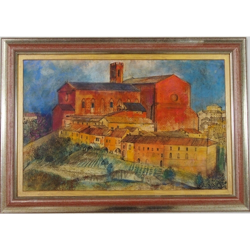 945 - TOM HOVEL SHANKS RSW RGI PAI (SCOTTISH 1921-2020) ITALIAN VILLAGE Mixed media, 32 x 49cm&n... 