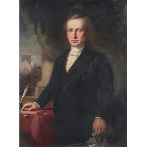 3009 - MANNER OF WILLIAM YELLOWLEES (SCOTTISH 1796-1885)PORTRAIT OF A GENTLEMAN STANDING AT A DESK, WITH A ... 