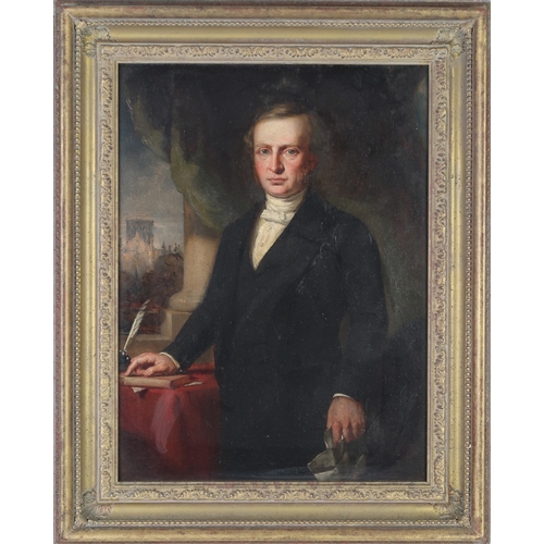 3009 - MANNER OF WILLIAM YELLOWLEES (SCOTTISH 1796-1885)PORTRAIT OF A GENTLEMAN STANDING AT A DESK, WITH A ... 