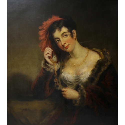 3012 - FOLLOWER OF THOMAS LAWRENCE (19thC)LADY WITH A GOLD TIMEPIECEOil on canvas, 91 x 80cm (36 x 32