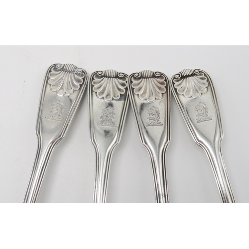 2495 - PAUL STORR;a set of four George III silver fiddle, thread and shell pattern tablespoons, London 1814... 