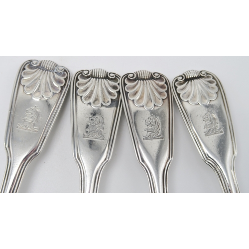 2495 - PAUL STORR;a set of four George III silver fiddle, thread and shell pattern tablespoons, London 1814... 