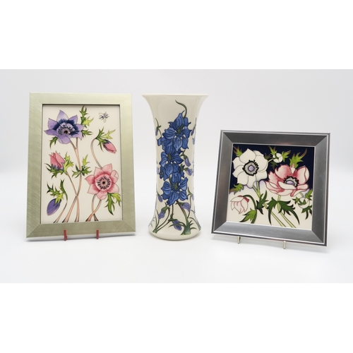 2232 - A MOORCROFT CHAMPAGNE ANEMONES PATTERN PLAQUE26cm x 18.5cm framed, circa 2023 together with a Pavoni... 