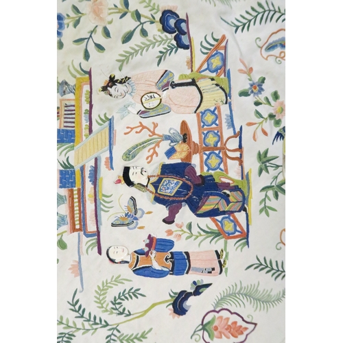 2359 - A CHINESE SILK EMBROIDERED COVERWoven with figures with painted ivory faces, animals, butterflies, p... 