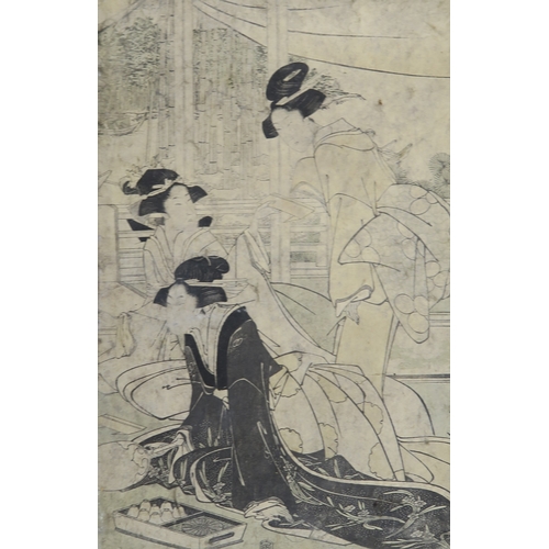 2366 - TOYOKUNI TRIPTYCHDepicting beauties on balconies, 35 x 24cm each print