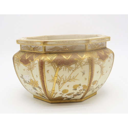 2361 - A SATSUMA OCTAGONAL BOWLPainted with panels of bamboo, chrysanthemum, butterflies and magnolia, with... 