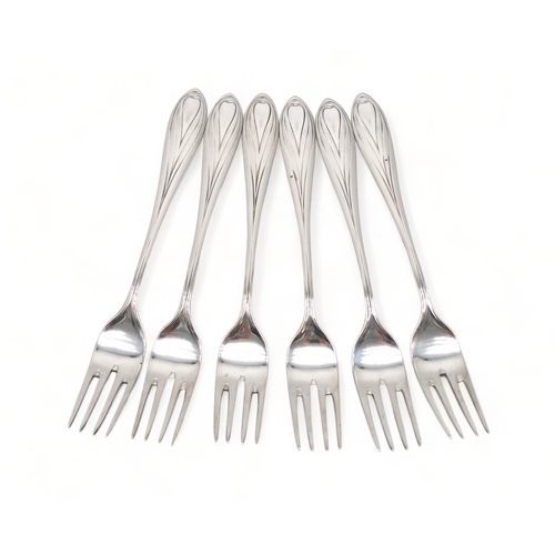 2464 - A SET OF SIX GERMAN ART NOUVEAU SILVER FORKS800 standard, the pointed stems of stylised form, with a... 