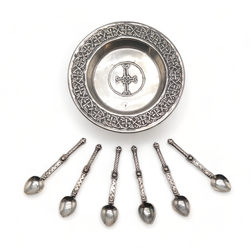 2466 - ALEXANDER RITCHIE; A cased set of six Iona silver 'nunnery' spoons, of medieval celtic style design,... 