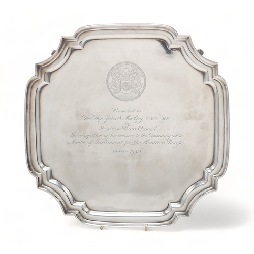 2471 - A GEORGE VI SILVER SALVERby Robert Pringle & Sons, London 1945, of shaped form, inscribed 'Prese... 