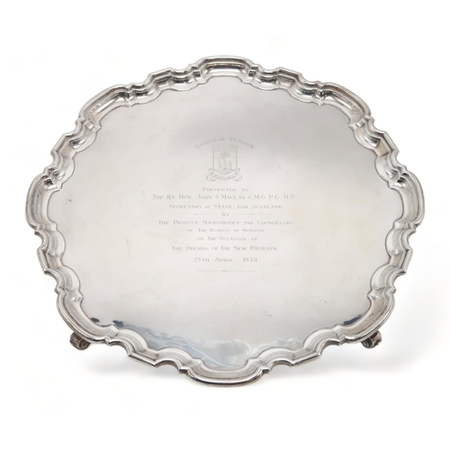 2472 - A GEORGE VI SILVER SALVERby Atkins Brothers, Sheffield 1947, of shaped circular form, with a Chippen... 