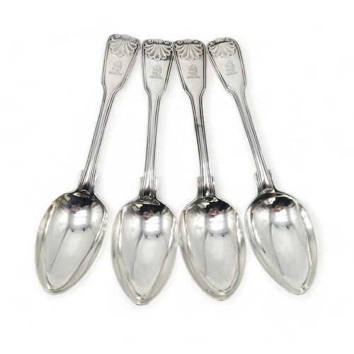 2495 - PAUL STORR;a set of four George III silver fiddle, thread and shell pattern tablespoons, London 1814... 