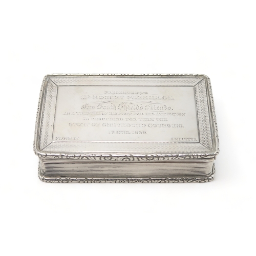 2497 - A WILLIAM IV SILVER SNUFF BOXmaker's mark TS, Birmingham 1838, of rectangular form, with a cast scro... 