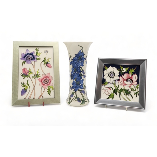 2232 - A MOORCROFT CHAMPAGNE ANEMONES PATTERN PLAQUE26cm x 18.5cm framed, circa 2023 together with a Pavoni... 