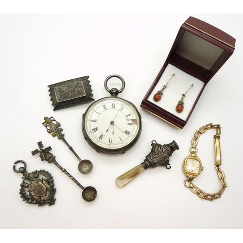 832 - A silver pocket watch with Chester hallmarks for 1905, a silver babies teether whistle Birmingham 19... 