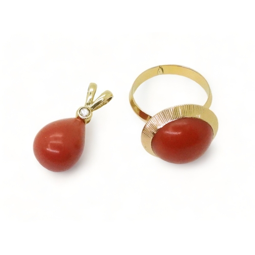 2745 - AN 18CT GOLD CORAL PENDANT AND RING,the tear drop shaped pendant is set with a 0.05ct brilliant cut ... 