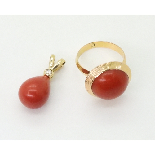 2745 - AN 18CT GOLD CORAL PENDANT AND RING,the tear drop shaped pendant is set with a 0.05ct brilliant cut ... 