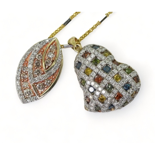 2755 - TWO COLOURED DIAMOND PENDANTSa leaf shaped pendant set with champagne and white diamonds with an est... 