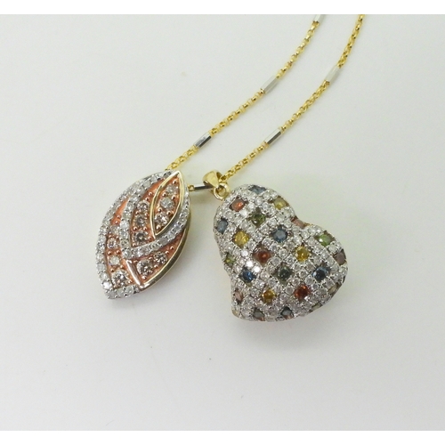 2755 - TWO COLOURED DIAMOND PENDANTSa leaf shaped pendant set with champagne and white diamonds with an est... 