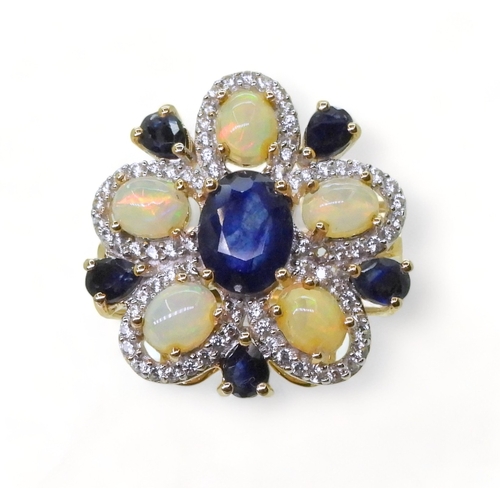 2767 - A FLOWER STATEMENT RINGset with sapphires, Ethiopian opals and white zircons, mounted in 9ct gold. D... 