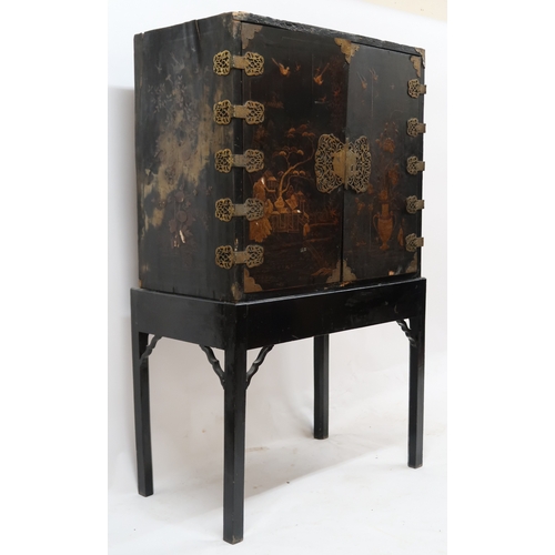 2021 - AN 18TH CENTURY CONTINENTAL BLACK LACQUER CABINET ON LATER STAND cabinet with brass floral/foliate e... 