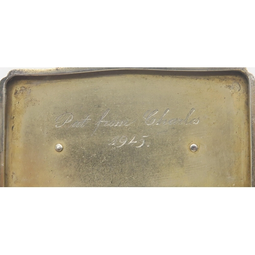 212 - A continental silver guilloche enamel snuff box, with applied decoration to the lid, inscribed to th... 