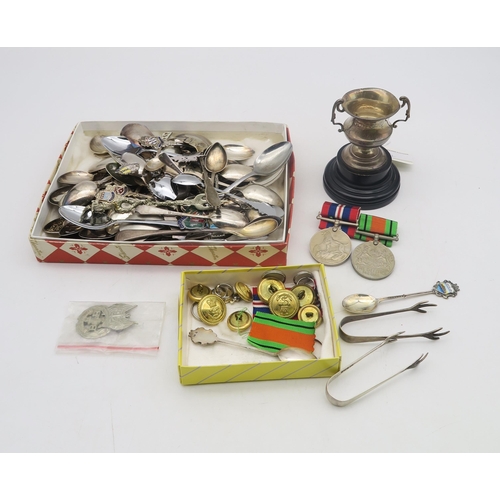 224 - A silver trophy cup, Birmingham, a collection of mainly EPNS souvenir spoons, two pairs of silver su... 