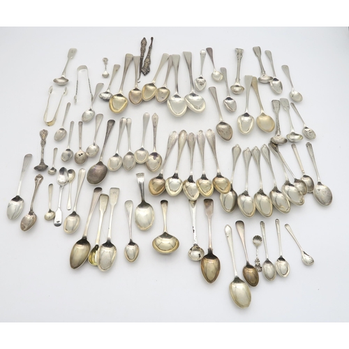 225 - A collection of Georgian and later silver flatware, including tea spoons by Richard Crossley, London... 