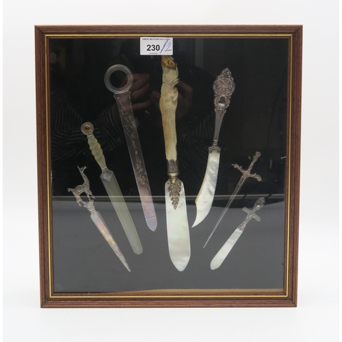 230 - Two sets of framed letter openers, including an example by Robert Allison, an Edwardian example by W... 