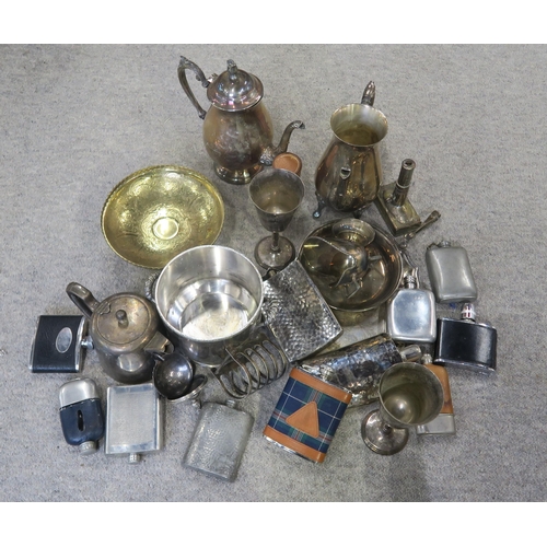 235 - A collection of EPNS including hip flasks, tea pots, dishes, goblets etc