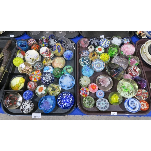 103 - A collection of glass paperweights including some millefiori, Tweedsmuir etc and four Murano glass c... 