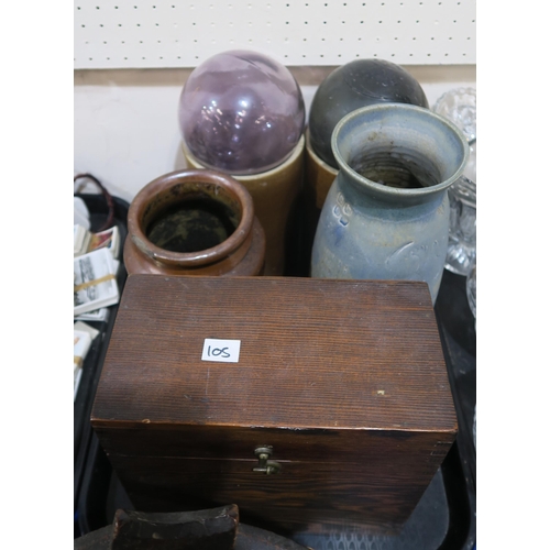 105 - A Moser purple glass ashtray, an early mottled blue bakelite table lamp, a Scandinavian wooden box, ... 