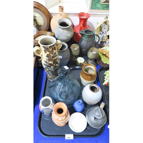 109 - Assorted studio pottery, a glass decanter etc