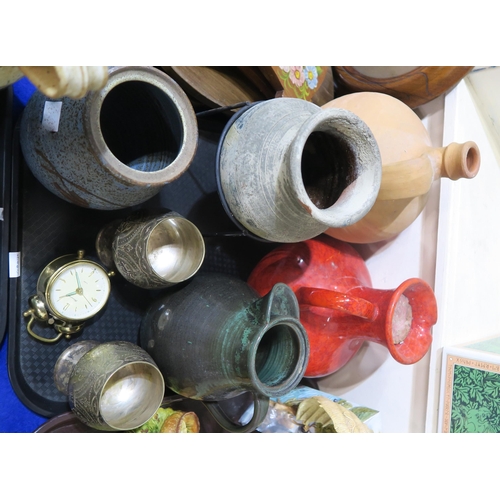 109 - Assorted studio pottery, a glass decanter etc