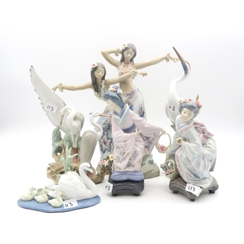 113 - A group of Lladro porcelain including a pair of girls dancing, two Geishas, two Heron groups and a s... 