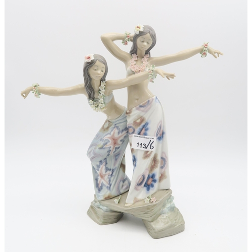 113 - A group of Lladro porcelain including a pair of girls dancing, two Geishas, two Heron groups and a s... 