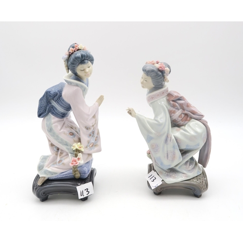 113 - A group of Lladro porcelain including a pair of girls dancing, two Geishas, two Heron groups and a s... 