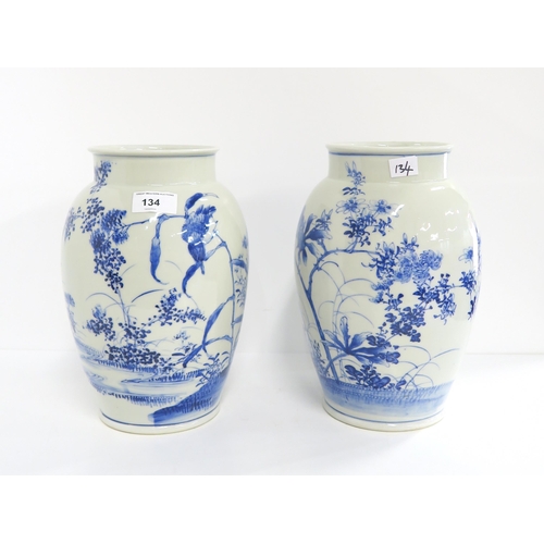 134 - A pair of Chinese blue and white vases, one depicting a kingfisher